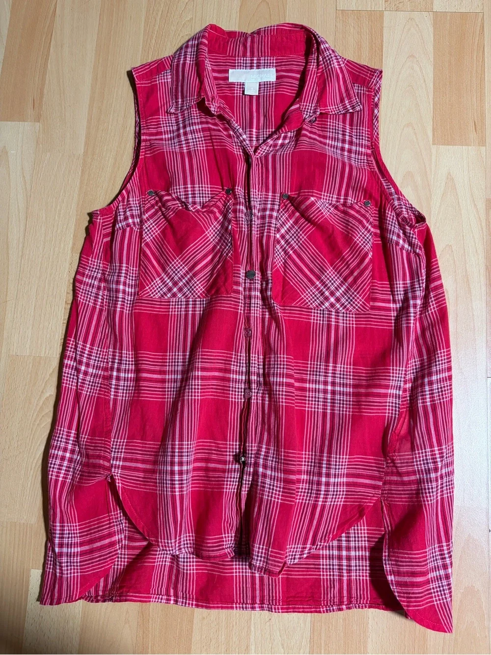 Michael Kors Red Plaid Sleeveless Button Down Cotton Lawn Top Lightweight 4